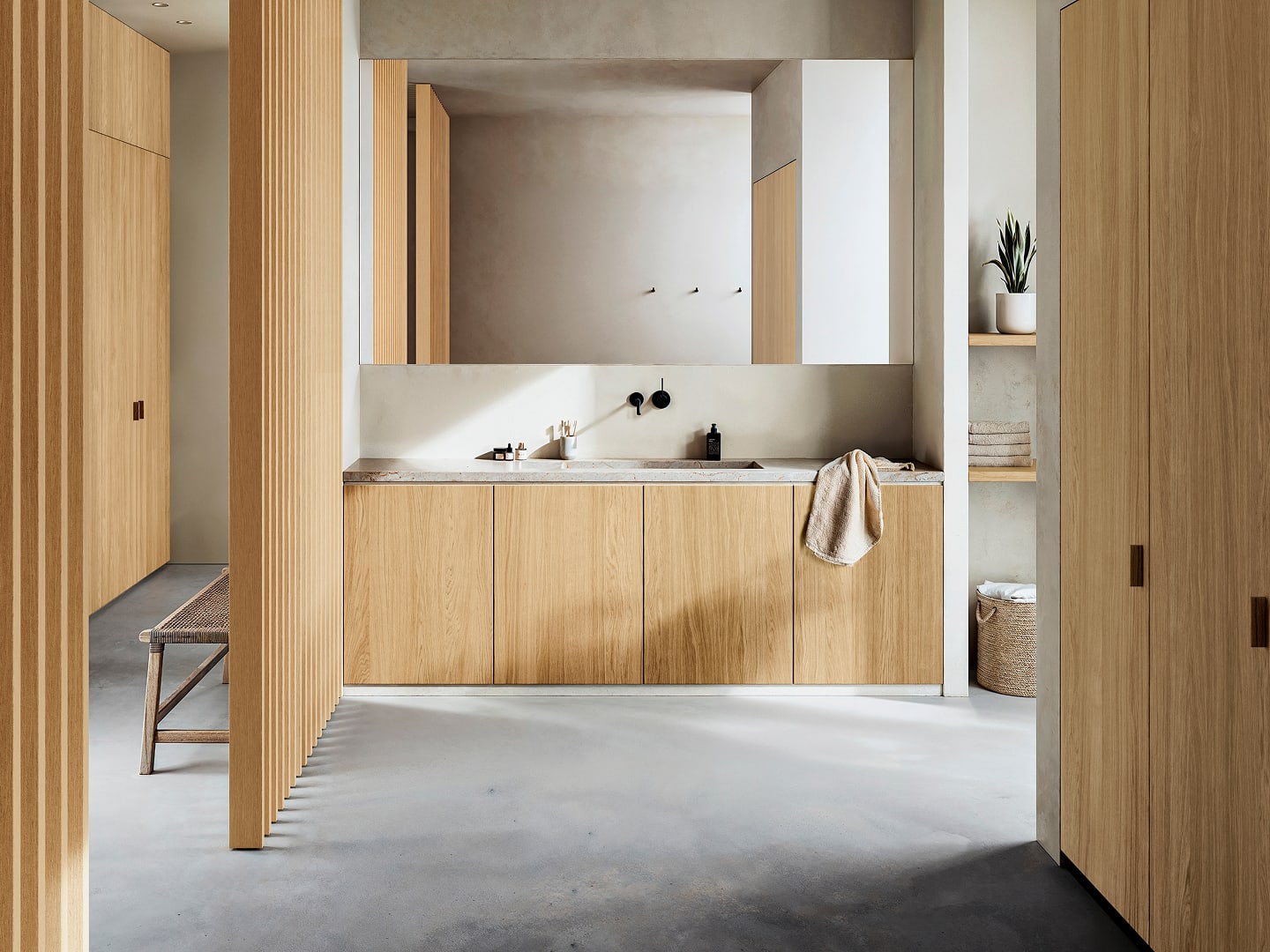Bathroom featuring Havwoods' PurePanel Querkus European oak panels.